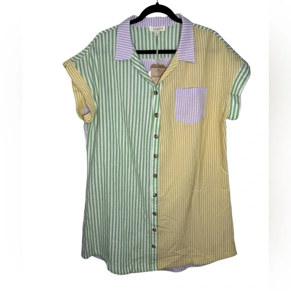 NEW Umgee Color Block Button Up Mini Shirt Dress Size XL Stripped Multicolor - Picture 2 of 12